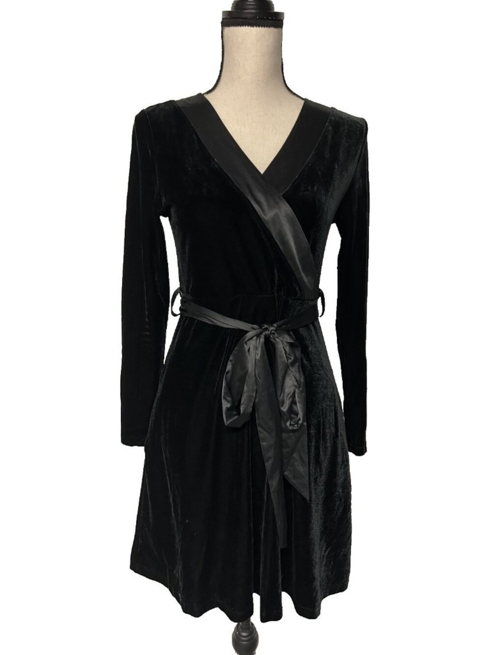 Soma Black Velour Faux Wrap Dress Satin Trim Belt Size S Holiday